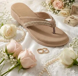 FAUSTO Women Elegant Embellished Shimmery Wedding T-Strap Flat Slip On Slippers | Soft Cushioned Footbed | Party, Reception, Festive