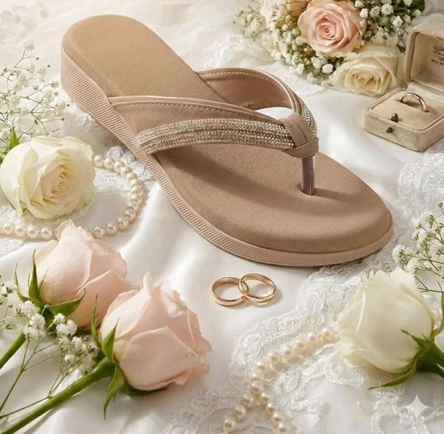 FAUSTO Women Elegant Embellished Shimmery Wedding T-Strap Flat Slip On Slippers | Soft Cushioned Footbed | Party, Reception, Festive