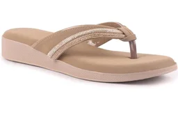 FAUSTO Women Elegant Embellished Shimmery Wedding T-Strap Flat Slip On Slippers | Soft Cushioned Footbed | Party, Reception, Festive