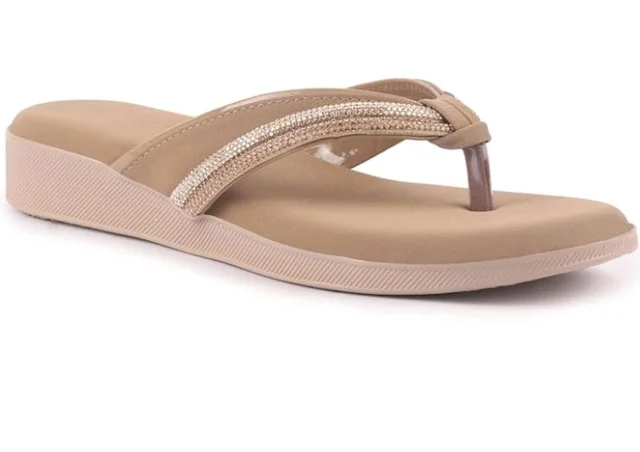 FAUSTO Women Elegant Embellished Shimmery Wedding T-Strap Flat Slip On Slippers | Soft Cushioned Footbed | Party, Reception, Festive