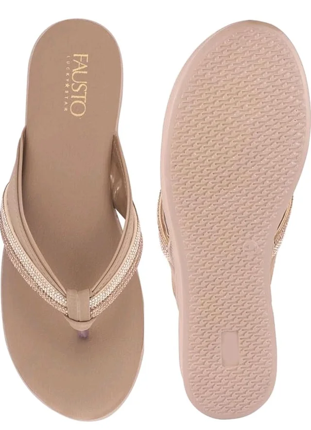 FAUSTO Women Elegant Embellished Shimmery Wedding T-Strap Flat Slip On Slippers | Soft Cushioned Footbed | Party, Reception, Festive