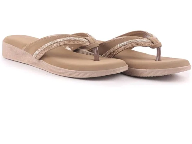 FAUSTO Women Elegant Embellished Shimmery Wedding T-Strap Flat Slip On Slippers | Soft Cushioned Footbed | Party, Reception, Festive