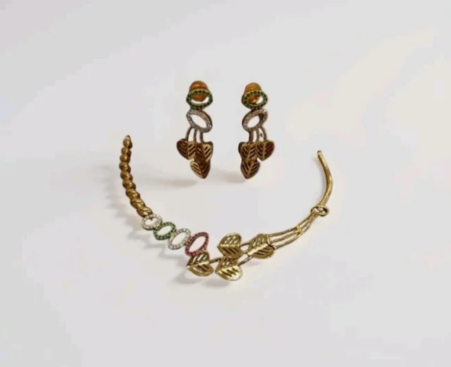 Gold-Plated Leaf Design Necklace and Earring Set with Multicolour Crystal Embellishments, Traditional Indian Jewellerypremium, brass.