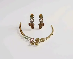 Gold-Plated Leaf Design Necklace and Earring Set with Multicolour Crystal Embellishments, Traditional Indian Jewellerypremium, brass.
