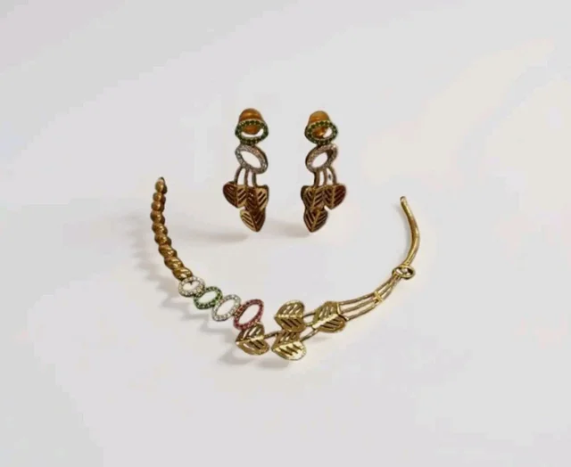 Gold-Plated Leaf Design Necklace and Earring Set with Multicolour Crystal Embellishments, Traditional Indian Jewellerypremium, brass.