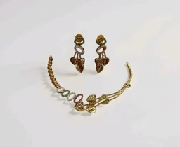 Gold-Plated Leaf Design Necklace and Earring Set with Multicolour Crystal Embellishments, Traditional Indian Jewellerypremium, brass.