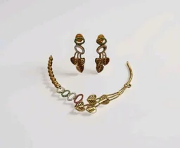 Gold-Plated Leaf Design Necklace and Earring Set with Multicolour Crystal Embellishments, Traditional Indian Jewellerypremium, brass.