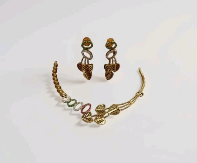 Gold-Plated Leaf Design Necklace and Earring Set with Multicolour Crystal Embellishments, Traditional Indian Jewellerypremium, brass.