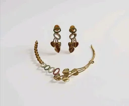 Gold-Plated Leaf Design Necklace and Earring Set with Multicolour Crystal Embellishments, Traditional Indian Jewellerypremium, brass.