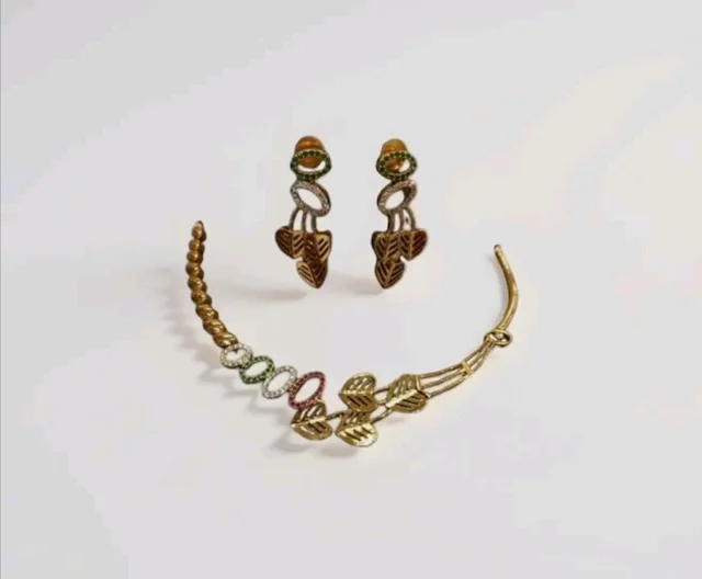 Gold-Plated Leaf Design Necklace and Earring Set with Multicolour Crystal Embellishments, Traditional Indian Jewellerypremium, brass.