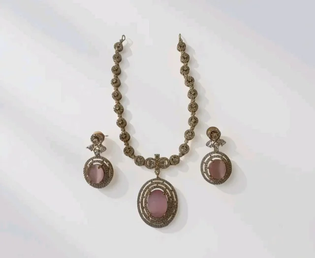 Gold-Toned Pink Stone Oval Pendant Necklace with Matching Drop Earrings, CZ Studded Jewellery Set
