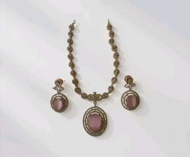 Gold-Toned Pink Stone Oval Pendant Necklace with Matching Drop Earrings, CZ Studded Jewellery Set