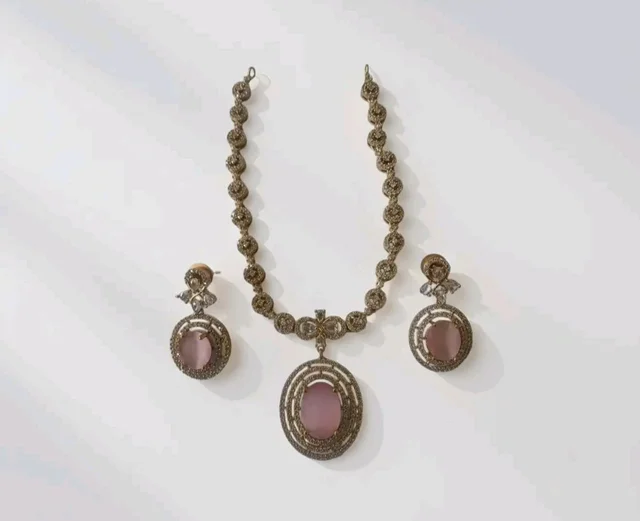 Gold-Toned Pink Stone Oval Pendant Necklace with Matching Drop Earrings, CZ Studded Jewellery Set