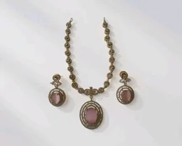 Gold-Toned Pink Stone Oval Pendant Necklace with Matching Drop Earrings, CZ Studded Jewellery Set