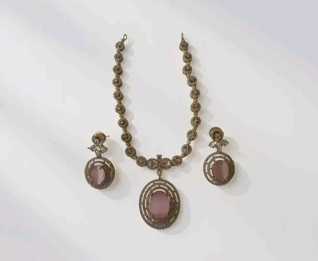 Gold-Toned Pink Stone Oval Pendant Necklace with Matching Drop Earrings, CZ Studded Jewellery Set