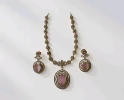 Gold-Toned Pink Stone Oval Pendant Necklace with Matching Drop Earrings, CZ Studded Jewellery Set