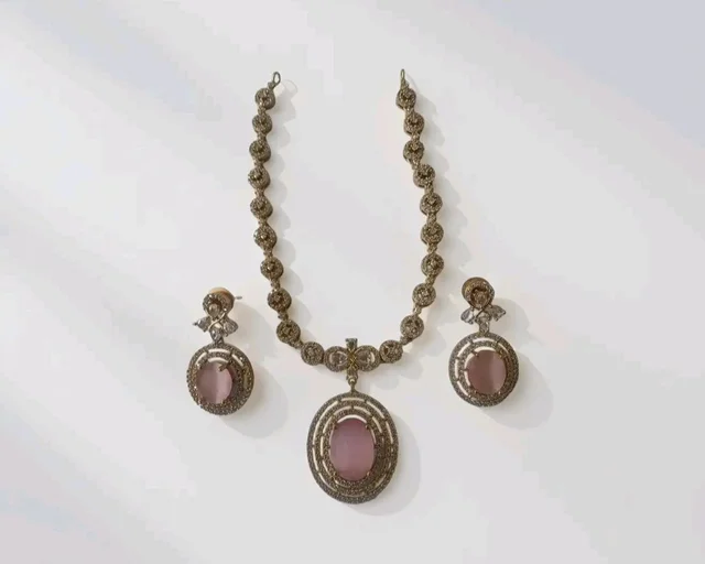 Gold-Toned Pink Stone Oval Pendant Necklace with Matching Drop Earrings, CZ Studded Jewellery Set