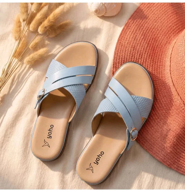 YOHO Evergreen Slides Cross Strap Sandals for Women | Stylish, Comfortable Orthopedic & Anti Skid | Office, Summer, Beach, Casual Wear Flats for Ladies/Girls