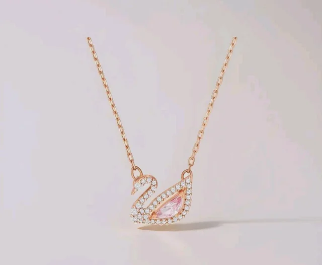 Swarovski Dazzling Swan Pendant Necklace, Rose Gold Tone Finish, Pink Crystals, Clear Crystals