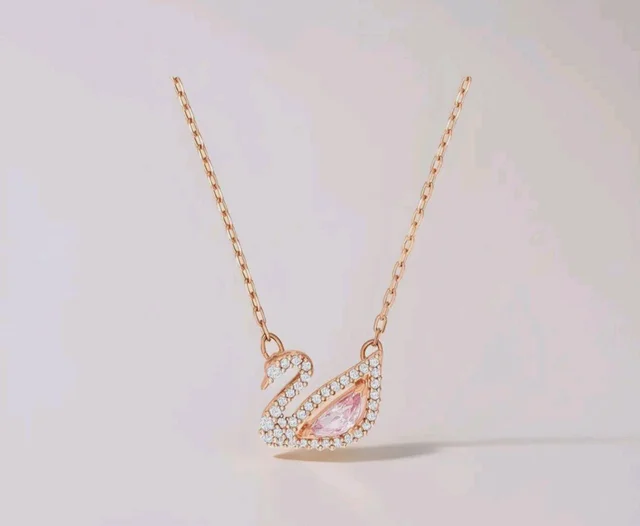 Swarovski Dazzling Swan Pendant Necklace, Rose Gold Tone Finish, Pink Crystals, Clear Crystals