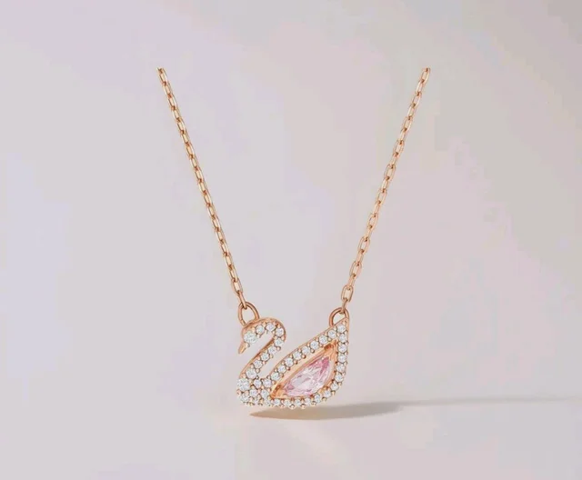 Swarovski Dazzling Swan Pendant Necklace, Rose Gold Tone Finish, Pink Crystals, Clear Crystals