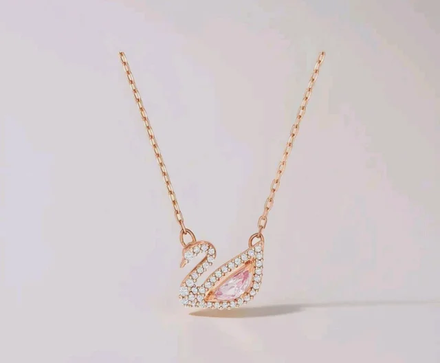 Swarovski Dazzling Swan Pendant Necklace, Rose Gold Tone Finish, Pink Crystals, Clear Crystals