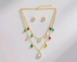 Gold Plated Multicolor Stone Layered Necklace Set with Teardrop Earrings for Women & Girls | Bridal, Ethnic Jewelry for Weddings & Festivals