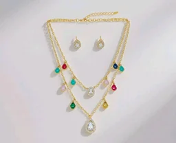 Gold Plated Multicolor Stone Layered Necklace Set with Teardrop Earrings for Women & Girls | Bridal, Ethnic Jewelry for Weddings & Festivals