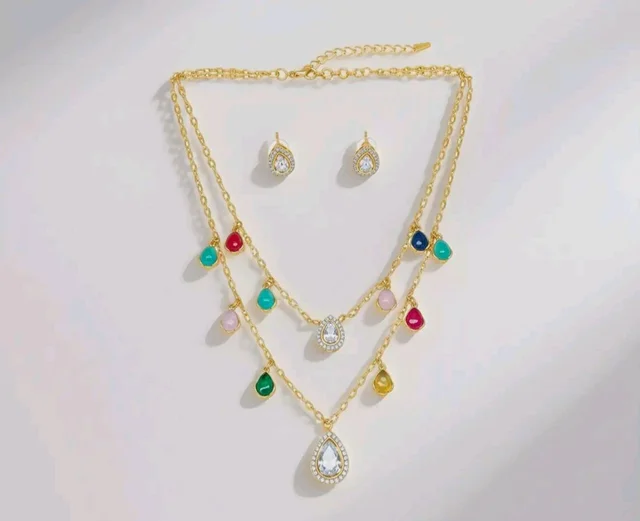 Gold Plated Multicolor Stone Layered Necklace Set with Teardrop Earrings for Women & Girls | Bridal, Ethnic Jewelry for Weddings & Festivals