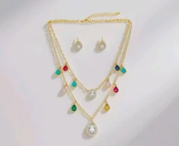 Gold Plated Multicolor Stone Layered Necklace Set with Teardrop Earrings for Women & Girls | Bridal, Ethnic Jewelry for Weddings & Festivals