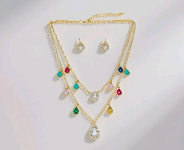Gold Plated Multicolor Stone Layered Necklace Set with Teardrop Earrings for Women & Girls | Bridal, Ethnic Jewelry for Weddings & Festivals