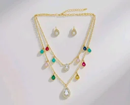 Gold Plated Multicolor Stone Layered Necklace Set with Teardrop Earrings for Women & Girls | Bridal, Ethnic Jewelry for Weddings & Festivals