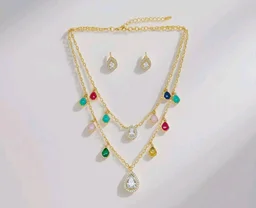 Gold Plated Multicolor Stone Layered Necklace Set with Teardrop Earrings for Women & Girls | Bridal, Ethnic Jewelry for Weddings & Festivals