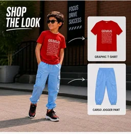 Boys Combo |Graphic Soft Breathable Active Play Tshirt | Cargo Trousers with Utility Pockets | Premium Coordinated Outfit for Active Kids
- 4-5 Y, Red & Navy