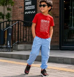 Boys Combo |Graphic Soft Breathable Active Play Tshirt | Cargo Trousers with Utility Pockets | Premium Coordinated Outfit for Active Kids
- 6-7 Y, Red & Navy