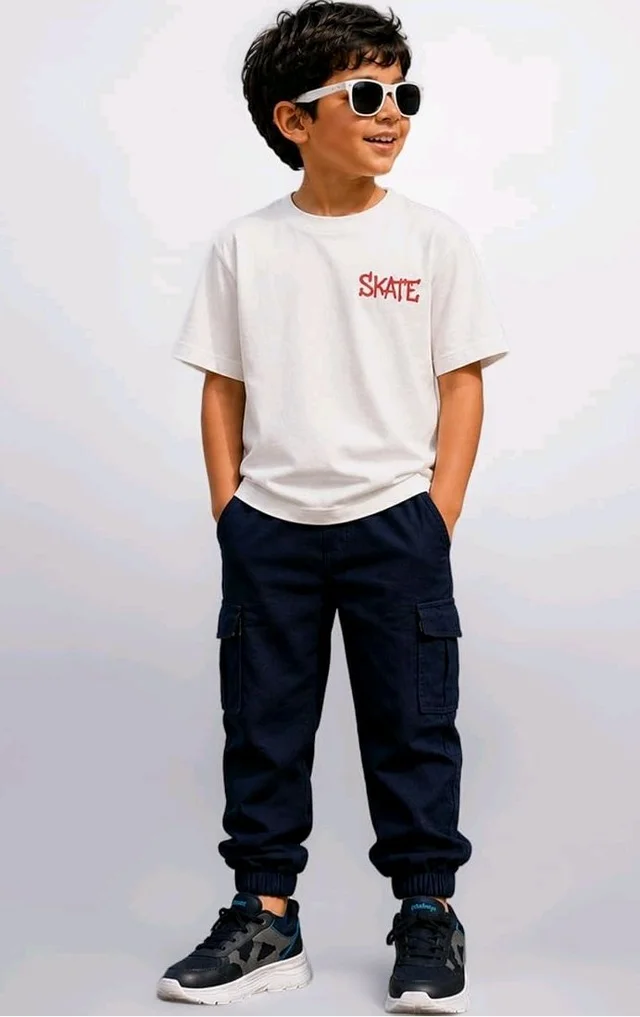 Boys Combo |Graphic Soft Breathable Active Play Tshirt | Cargo Trousers with Utility Pockets | Premium Coordinated Outfit for Active Kids
- 9-10 Y, Dark Navy blue & White