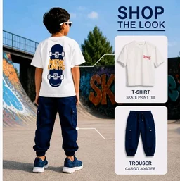 Boys Combo |Graphic Soft Breathable Active Play Tshirt | Cargo Trousers with Utility Pockets | Premium Coordinated Outfit for Active Kids
- 9-10 Y, Dark Navy blue & White