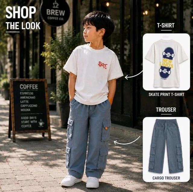 Boys Combo |Graphic Soft Breathable Active Play Tshirt | Cargo Trousers with Utility Pockets | Premium Coordinated Outfit for Active Kids
- 6-7 Y, White & Navy Blue