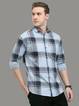 AIDAN PAUL Men Regular Fit Checkered Cut Away Collar Casual Shirt - 3XL, Light Blue