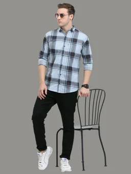 AIDAN PAUL Men Regular Fit Checkered Cut Away Collar Casual Shirt - 3XL, Light Blue
