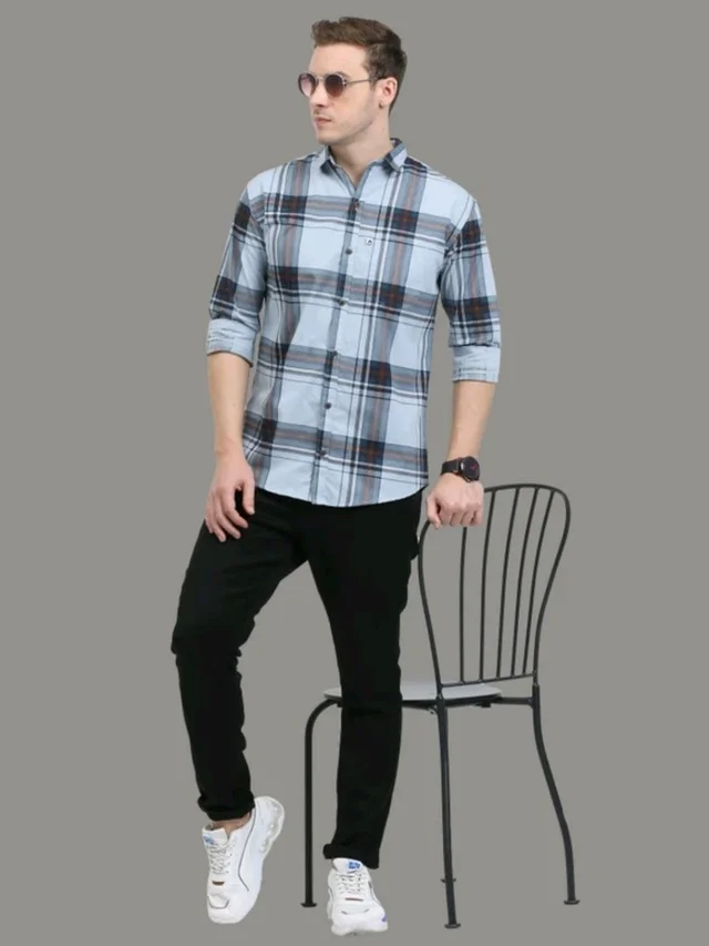AIDAN PAUL Men Regular Fit Checkered Cut Away Collar Casual Shirt - 3XL, Light Blue