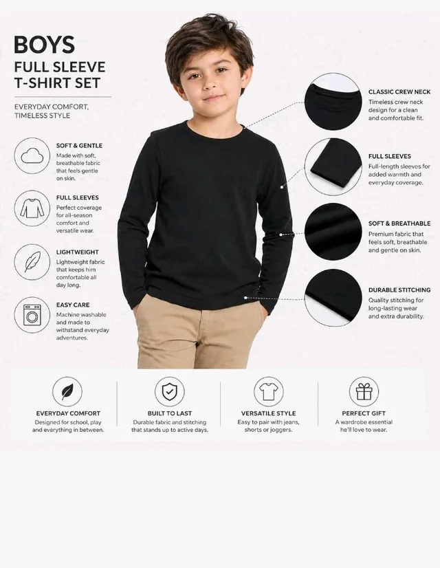 ORANGE SUGAR Kids Full Sleeve T-Shirt | Cotton Round Neck | Soft Breathable Fabric | Casual Wear for Boys & Girls
- 4-5 Y, Black stripes