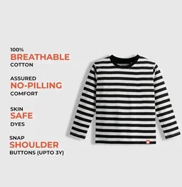 ORANGE SUGAR Kids Full Sleeve T-Shirt | Cotton Round Neck | Soft Breathable Fabric | Casual Wear for Boys & Girls
- 2-3 Y, Black stripes