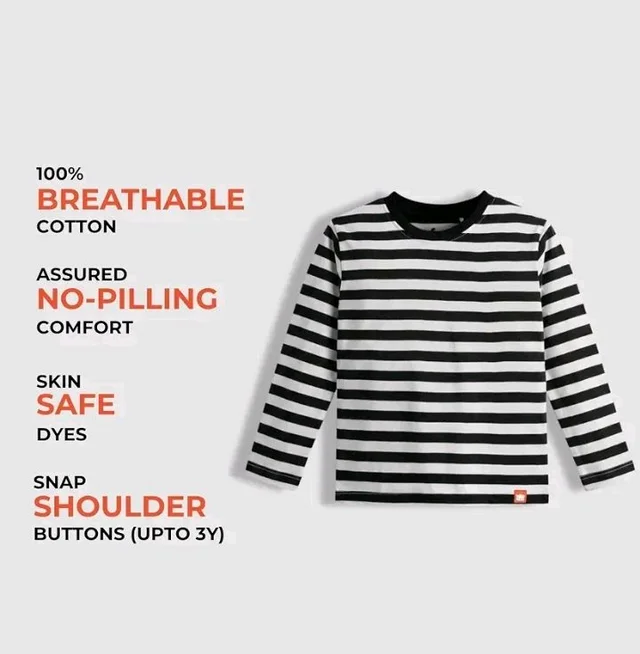 ORANGE SUGAR Kids Full Sleeve T-Shirt | Cotton Round Neck | Soft Breathable Fabric | Casual Wear for Boys & Girls
- 8-9 Y, Black stripes