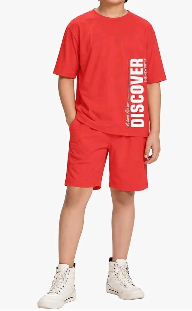 KYDA KIDS® Boys 100% Cotton Oversized T-Shirt Shorts Clothing Set | Kids Co-Ord Set | Half Sleeve T-Shirt with Matching Shorts | Soft Breathable Fabric | Comfortable Stylish Casual Wear
- 910- y, Red
