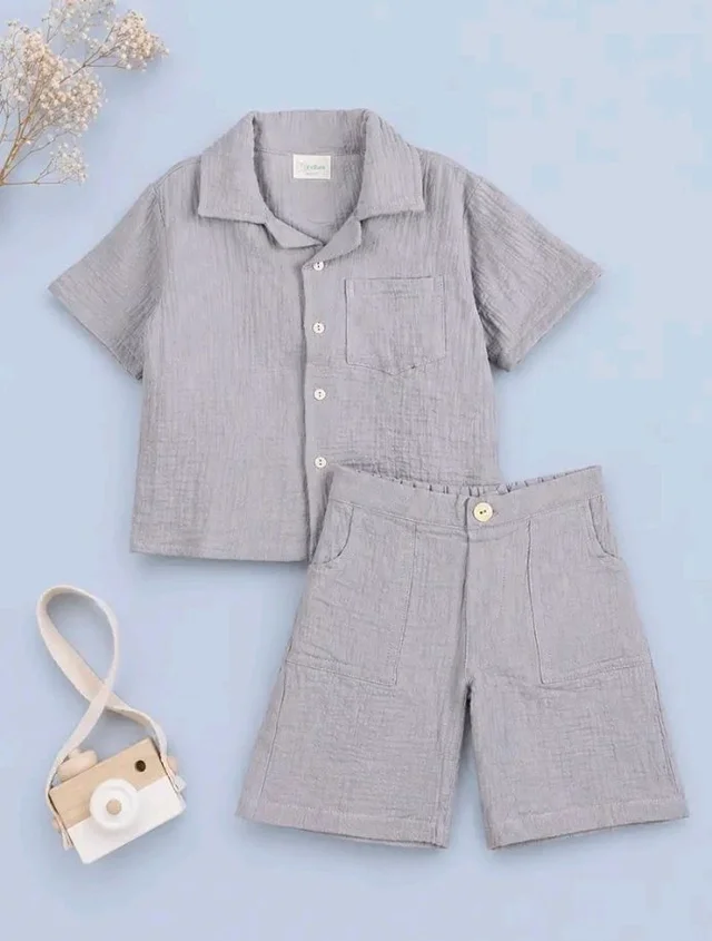 Kidbea Organic Cotton Shirt & Pant Co-ord Set for Kids | Elegant & Comfortable Summer Wear | Stylish Half Sleeve Shirt with Bow & Comfy Shorts
- 1-2 y, Grey