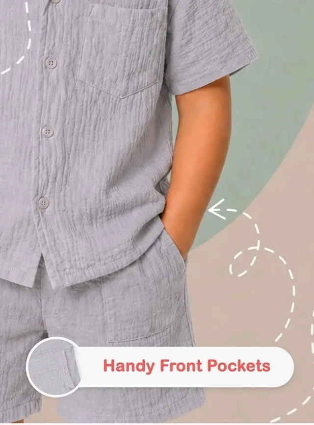 Kidbea Organic Cotton Shirt & Pant Co-ord Set for Kids | Elegant & Comfortable Summer Wear | Stylish Half Sleeve Shirt with Bow & Comfy Shorts
- 3-4 y, Grey