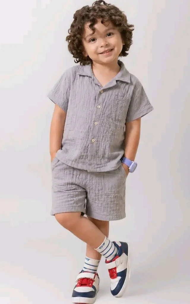 Kidbea Organic Cotton Shirt & Pant Co-ord Set for Kids | Elegant & Comfortable Summer Wear | Stylish Half Sleeve Shirt with Bow & Comfy Shorts
- 4-5 Y, Grey