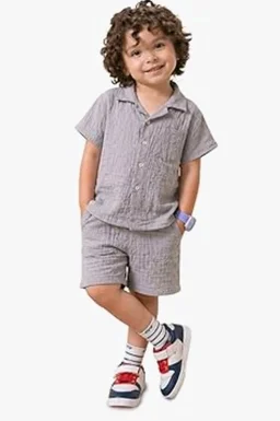 Kidbea Organic Cotton Shirt & Pant Co-ord Set for Kids | Elegant & Comfortable Summer Wear | Stylish Half Sleeve Shirt with Bow & Comfy Shorts
- 5-6 y, Rust and Grey