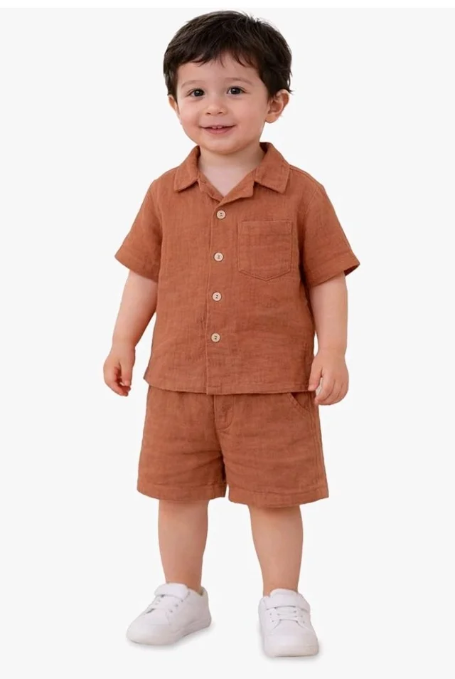 Kidbea Organic Cotton Shirt & Pant Co-ord Set for Kids | Elegant & Comfortable Summer Wear | Stylish Half Sleeve Shirt with Bow & Comfy Shorts
- 5-6 y, Rust and Grey